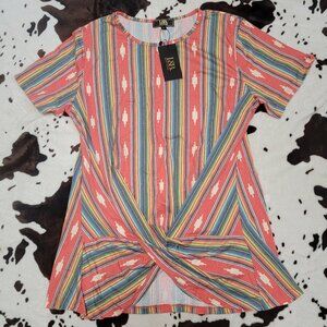L&B Western Serape Striped Criss Cross Front Short Sleeve Top XL